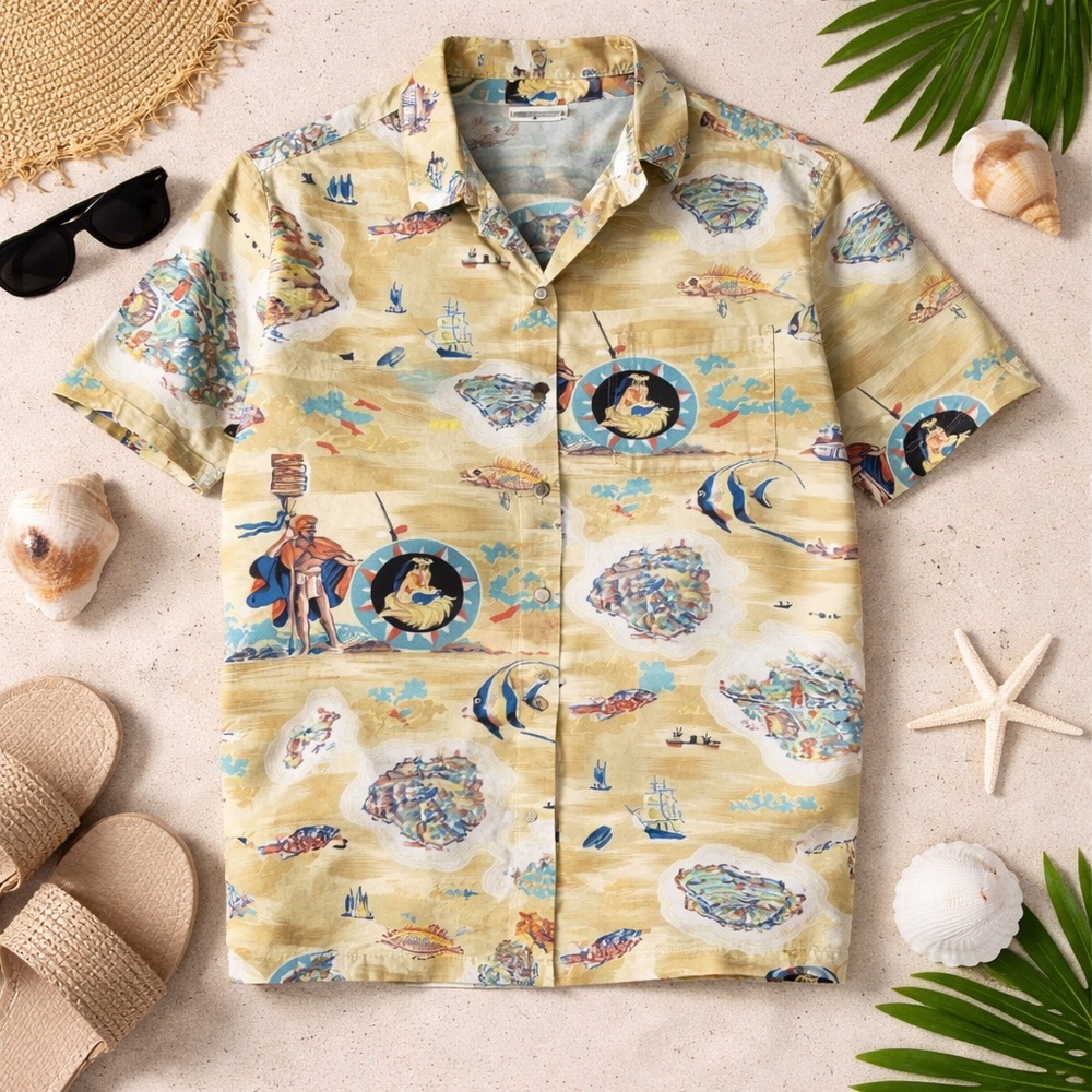 Go Barefoot Hawaiian Shirt Mens Medium Island Print Beige Button Up Aloha